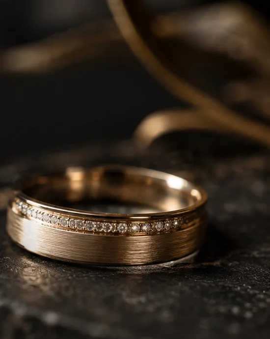 Ring aus Gold mit einer Reihe kleiner Diamanten auf dunklem Stein